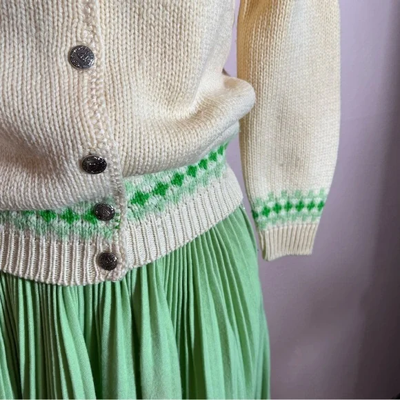 Vintage 1940 50 Retro Ski Aprés Wool Pom Pom tie neck Cardigan Pleated Skirt set - Picture 6 of 17